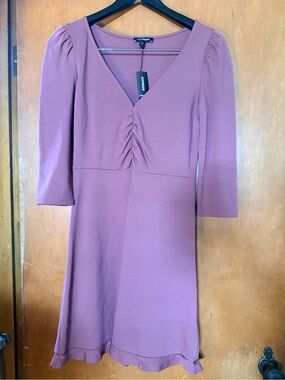 Express Dusty Mauve V-Neck Ruffle-Hem Long Sleeve Dress
